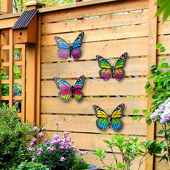 EOORAU Metal Butterfly Wall Decor - 4 pcs Butterflies Wall Sculpture Hanging Decorations for Indoor Outdoor Fences Patio Yard Fence Garden Decorations