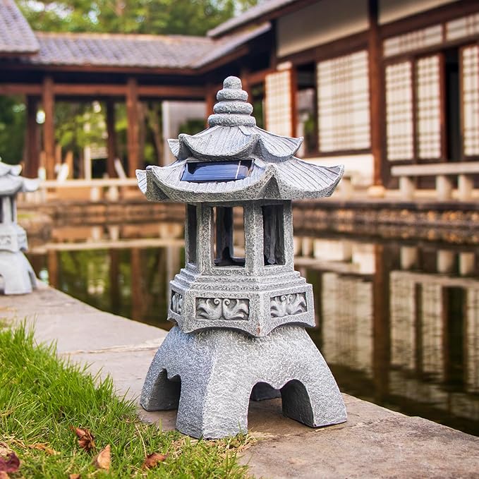 DIBIEECN 2 Pack Japanese Pagoda Garden Statues, Solar Lights for Patio Outdoor, Zen Landscape Lighting, Asian Outdoor Decor for Patio Yard Backyard, Gifts for Women Mom Grandmon