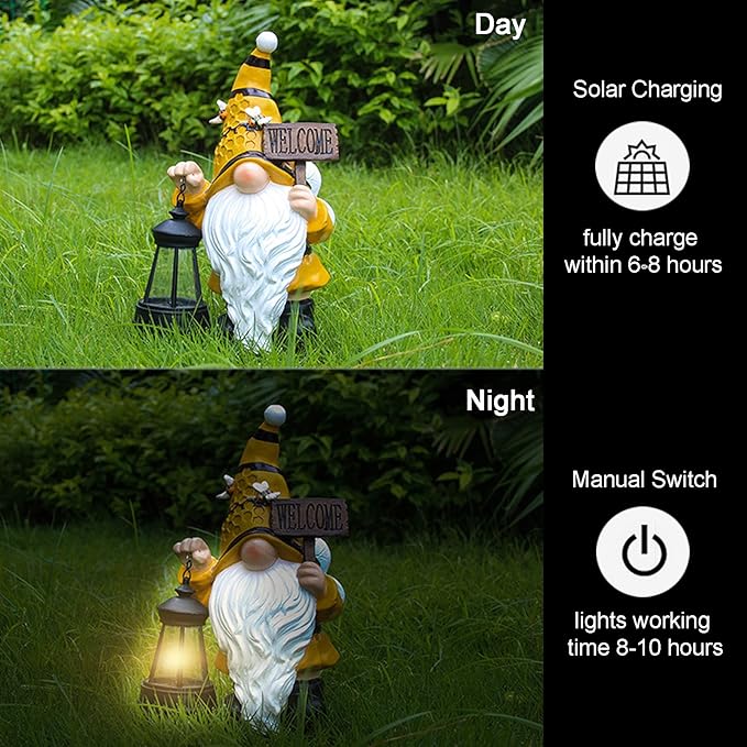 Gnome Garden Statues with Solar Lights Outdoor Gnomes Sculpture Yard Patio Decor for Lawn Ornaments Gardening Gifts(Bee Gnome