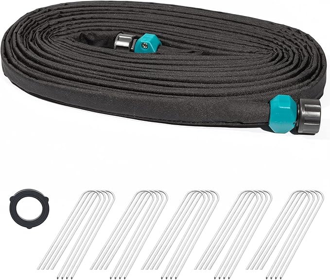 LINEX Flat Soaker Hose 1/2" x 75 ft with Stake for Garden Beds Drip Hoses Irrigation Sprinkler Heavy Duty Save Water 80%