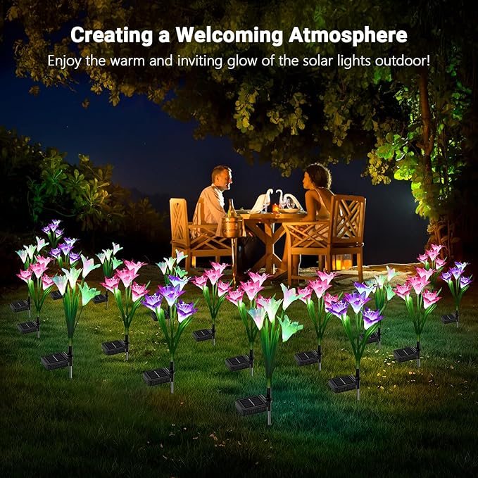 WdtPro Solar Lights Outdoor Garden Decorative Flowers 6 Pack, Waterproof Solar Garden Lights with 24 Lily Flowers, Multi Color Changing LED Solar Powered Landscape Lights for Yard Garden Patio