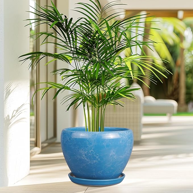 10 Inch Planter Pot - Ceramic Pots for Plants with Drainage Hole and Saucer, Round Large Flower Pot for Indoor Plants, Blue