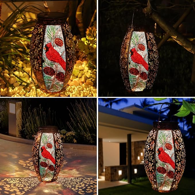 Outdoor Solar Lantern-Waterproof Cardinal Hanging Metal Decorative Lights for Patio Table Garden Pathway Yard with Super Bright Warm White LED, Large Solar Panels, Auto On/Off Sensor