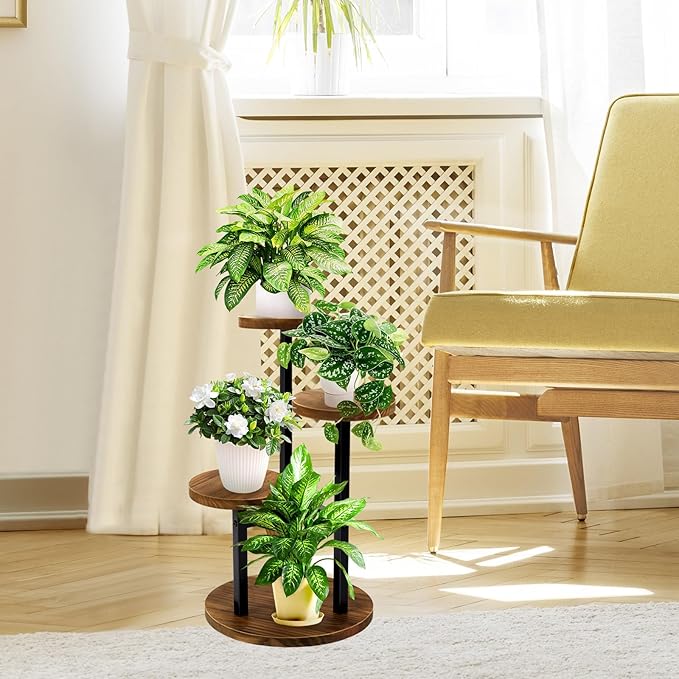 GEEBOBO 3 Tier Plant Stand Indoor, Metal Wood Plant Stands For Indoor Plants Multiple, Corner Tiered Flower Plants Shelf Stand for Living Room Bedroom, Brown