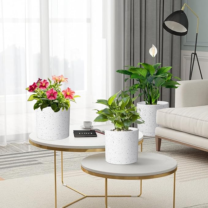 8/7/6 inch Flower Pots, 3 Set Cylindrical Plant Pots for Outdoor Indoor Plants, Decorative Plastic Planters with Drainage Holes and Saucers for Garden House Plants, White with Black Speckles