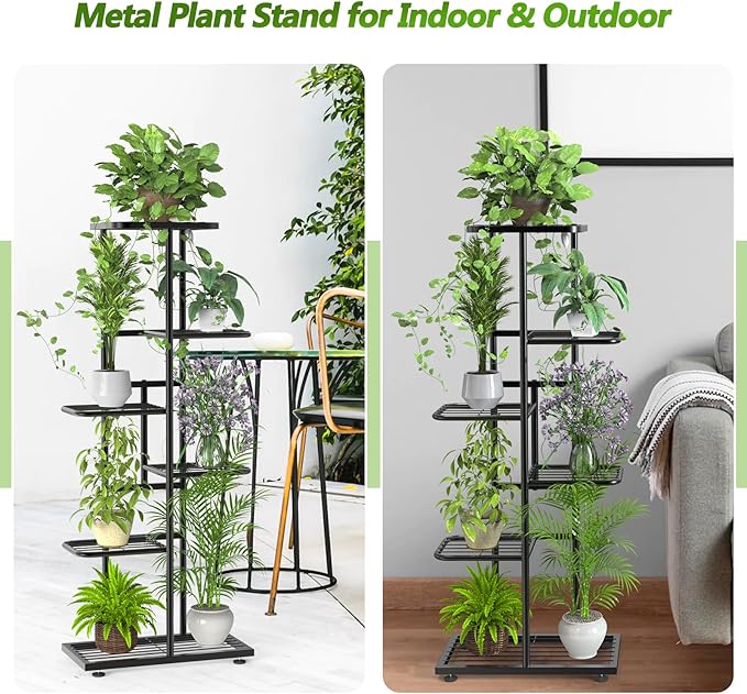 6 Tier 7 Potted Black Plant Stand Indoor Outdoor with Gardening Tools and Gloves, Upgraded Corner Metal Plant Rack Shelf for Multiple Plants, Tall Flower Pot Holder Display for Patio Living Room