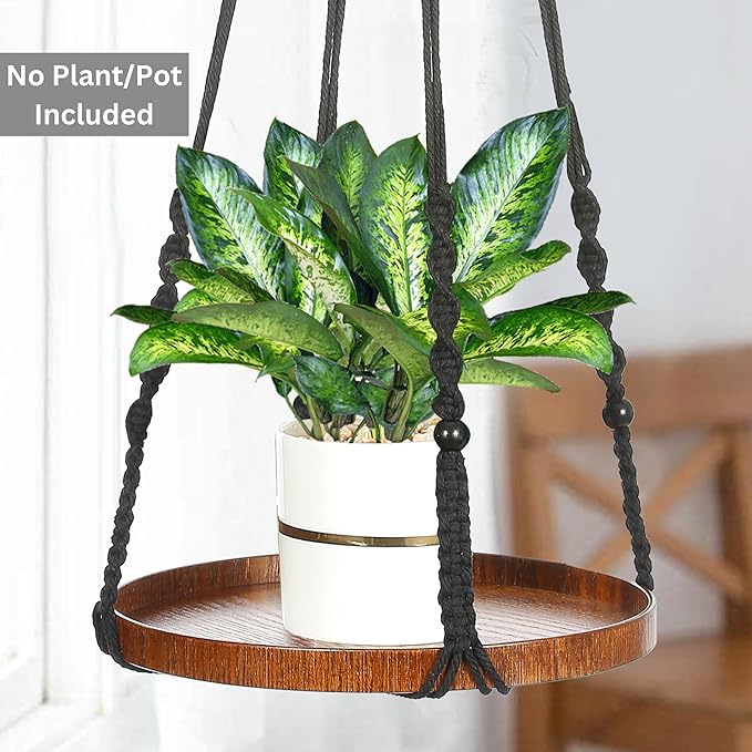 2 Pack Macrame Plant Hanger | Plant Hanger Indoor, Hanging Planter Shelf | Hanging Planter (Black) (1 Large + 1 Medium)