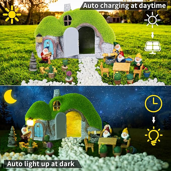 Garden Statues Outdoor Decor - Fairy House with Waterproof Solar Lights Resin Figurines for Yard Lawn Porch Outside Ornament or Garden Gift