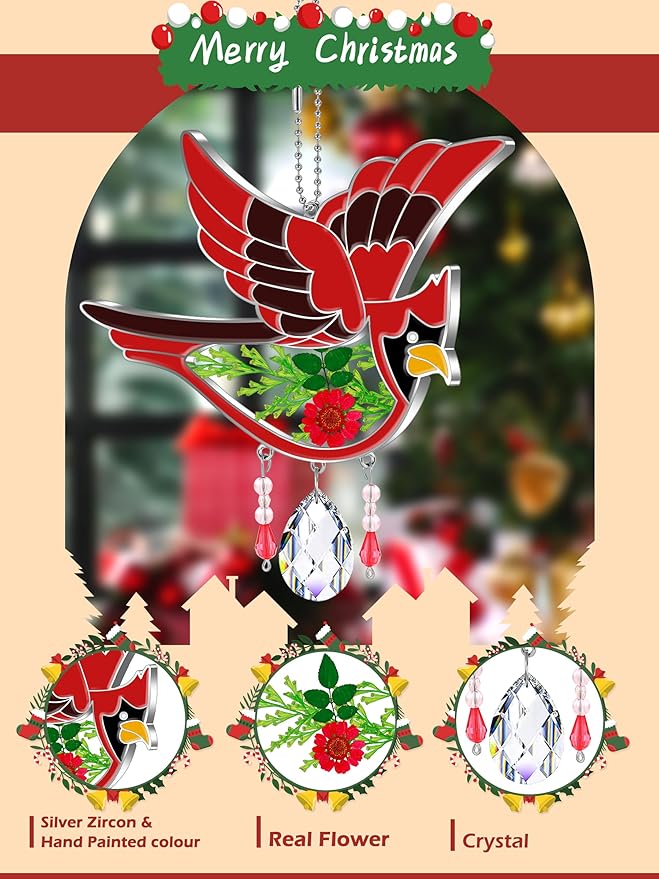 KY&BOSAM Cardinal Suncatcher Crystal Had Painted Glass Sun catchers Hangings for Windows Ornament with Pressed Real Flower and Heart Charm Birthday Gifts for Women Mom Mother's Day Christmas Mom Gifts