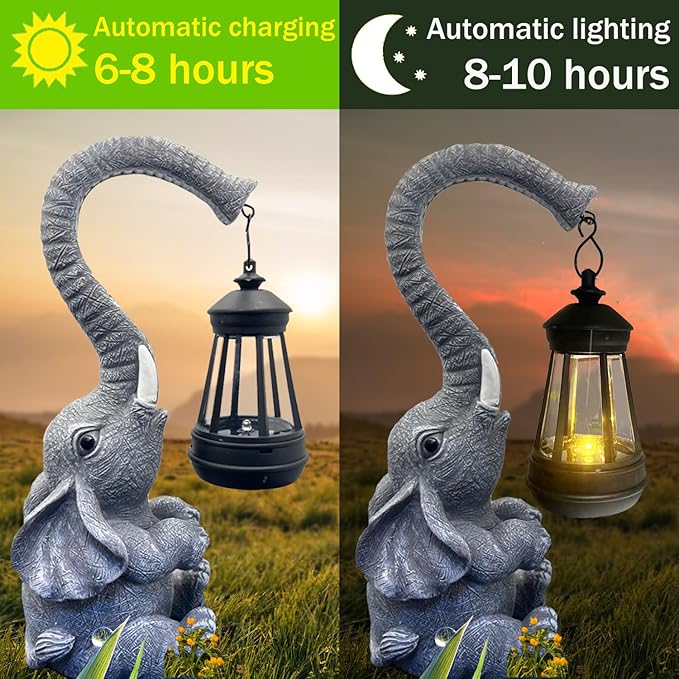 10.6 Inch Statue Elephant with Solar Outdoor Lights for Garden Decor,Lucky Present with Appeal for Birthdays(Man and Women and Family),Unique Housewarming Presents and Yard Decor. (Gray)