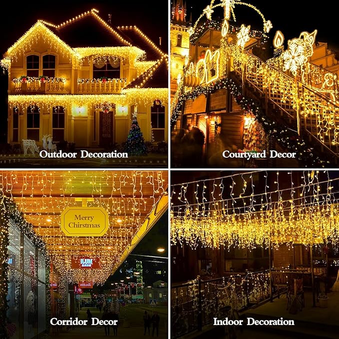 1600 LED 164FT Outdoor Christmas Lights Plug in 8 Modes with Timer Dimmable Christmas Decorations Waterproof Indoor Curtain String Lights for Roof Porch Garden Holiday Wedding Party Decor Warm White
