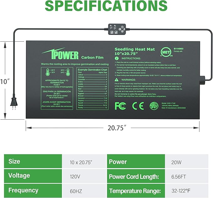 iPower 2-Pack Seedling Heat Mat for Plants with Dual Digital Temperature Controller, MET Certified Heating Pad, 10" x 20.75", Black