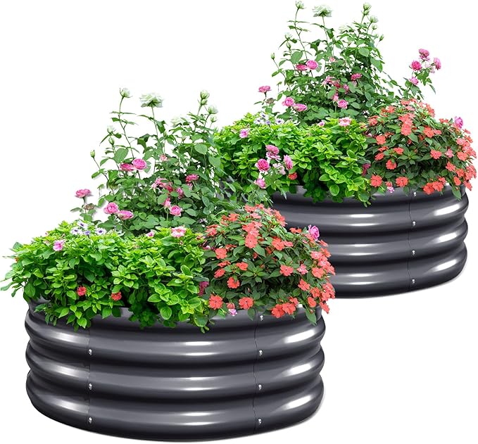 KING BIRD Raised Garden Bed Galvanized Round Planter Box Outdoor for Gardening, Plants, Vegetables, Flowers, Dark Grey, 24x24x12 in 2 Packs