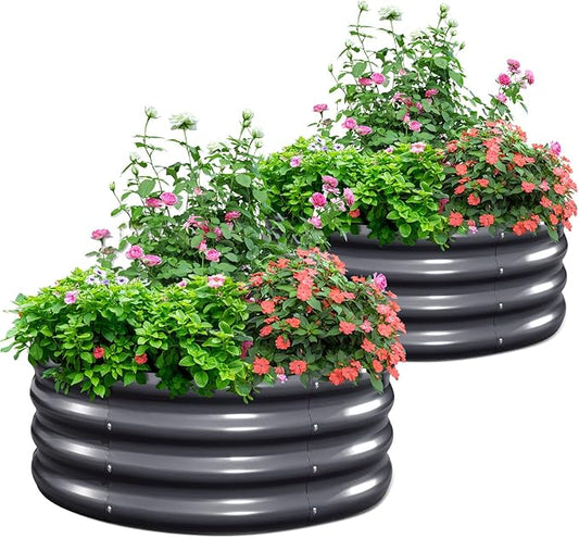 KING BIRD Raised Garden Bed Galvanized Round Planter Box Outdoor for Gardening, Plants, Vegetables, Flowers, Dark Grey, 24x24x12 in 2 Packs