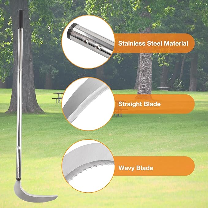 HQPASFY Weeding Sickle Set, Long Handle Sickle with Serrated Double-Edged Blade, Grass Sickle Stand Up Weeding Tool with 2 Pack Leaf Scoops, 16 Gallon Lawn Bag with Gardening Gloves for Yard