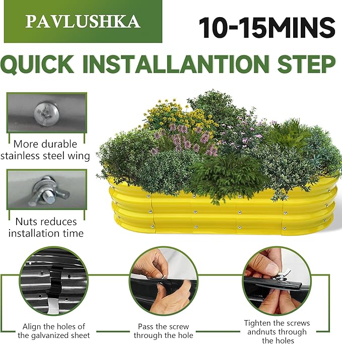 Raised Garden Bed 4x2x1ft Large Galvanized Raised Garden Beds Kit 1Pack Outdoor Yellow Planter Box with Rubber Stripe and Safety Gloves for Vegetables, Fruits, Flowers