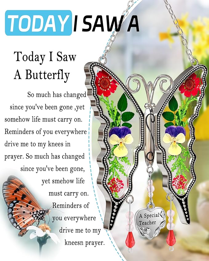 KY&BOSAM Butterfly Suncatcher A Special Teacher Stain Glass Suncatchers for Window Hanging Wind Chime with Pressed Flower Wings in Glass and Heart Charm Birthday Gift for Teacher`s Mother`s Day Gifts
