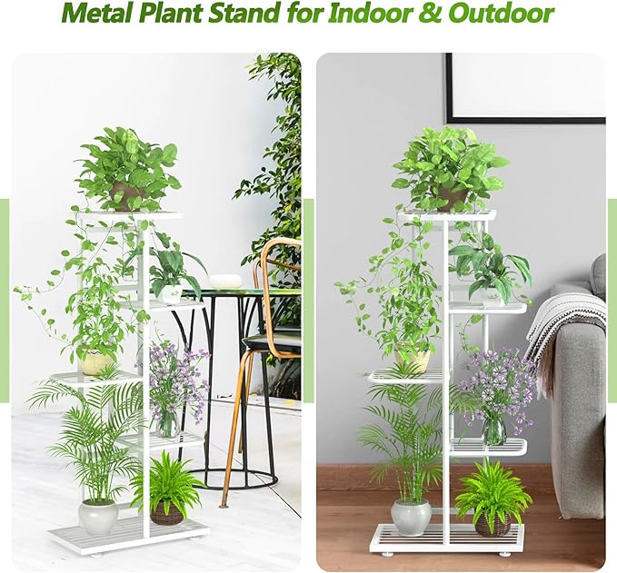 5 Tier 6 Potted Plant Stand Indoor with Gardening Tools and Gloves, Upgraded Corner Tall Metal Plant Shelf Organizer Outdoor, Multiple Flower Pot Holder Display Rack (5 -Tier White)