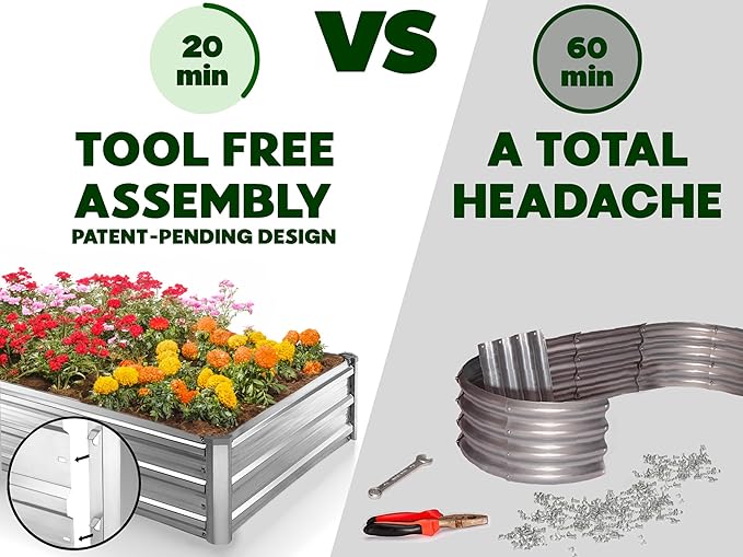 Galvanized Raised Garden Beds Outdoor // 8×4×1 ft Planter Raised Beds for Gardening, Vegetables, Flowers // Large Metal Garden Box (Silver) // Patented Tool-Free Design