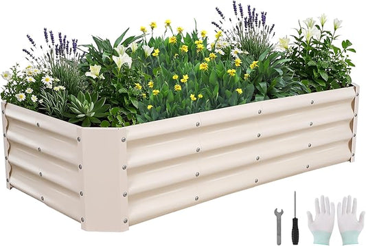 Galvanized Raised Garden Bed - 4x2x1ft Metal Garden Planter Box Outdoor | Steel Raised Bed Kit with Bracing Rods, Gloves for Gardening Vegetables Fruits and Flowers (White)