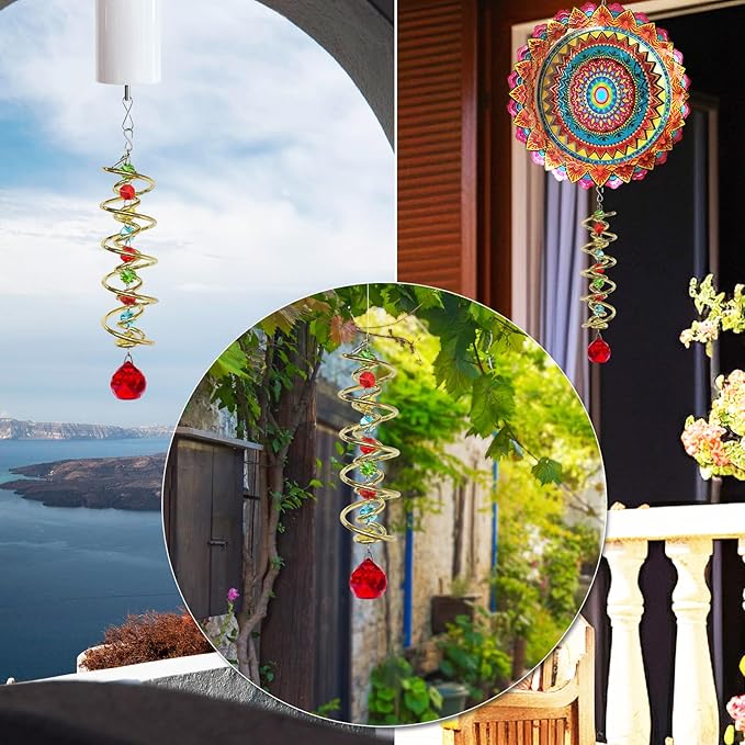 FONMY Gazing Ball Spiral Tail -Decorative Wind Spinner Sun Catcher Rainbow Maker Golden Double-Spiral W/Red Crystal Ball and Chain Crystals Beads for Indoor Outdoor Garden Decoration -14 inch Height