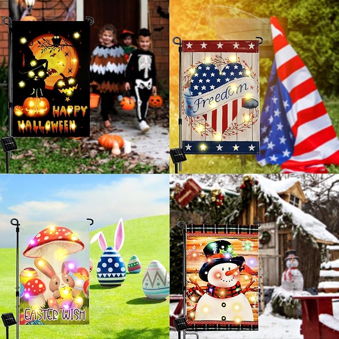 Solar Seasonal Garden Flags Set of 12, Lighted 12×18 Double-Sided Yard Flags for Outside Halloween Christmas Fall Thanksgiving Day Decorations Welcome Flag Outdoor Holiday Decor