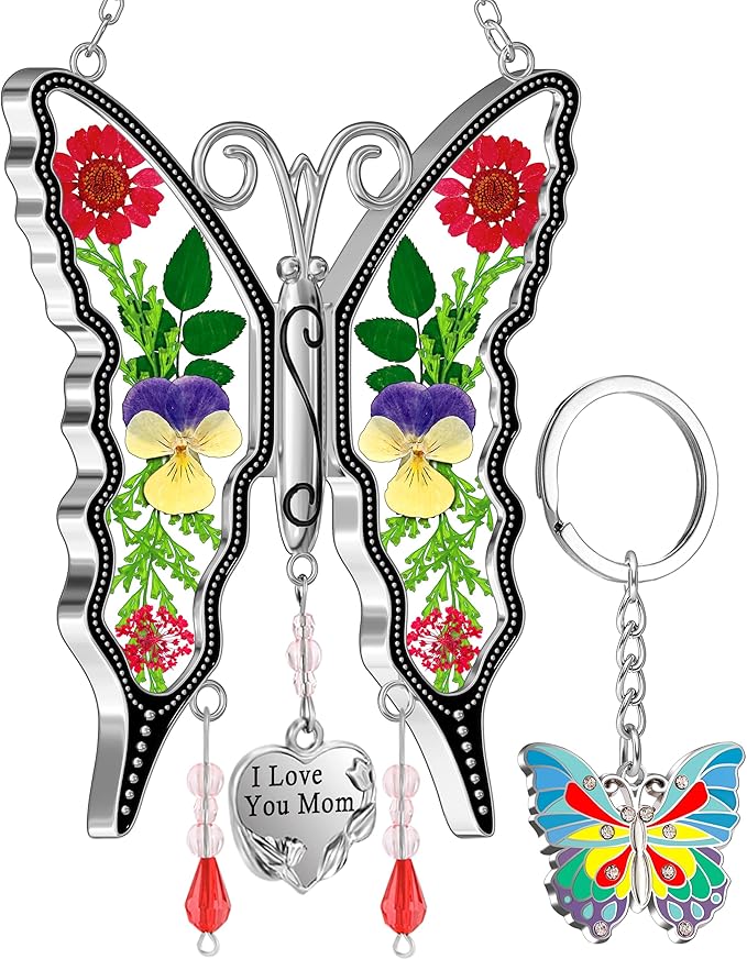 KY&BOSAM I Love You Mom Butterfly Suncatcher for Window Gift for Mom Pressed Flower Between Wings in Glass Metal Engraved Charm Gift for Women Mother's Day Valentine's Birthday Thanksgiving Christmas