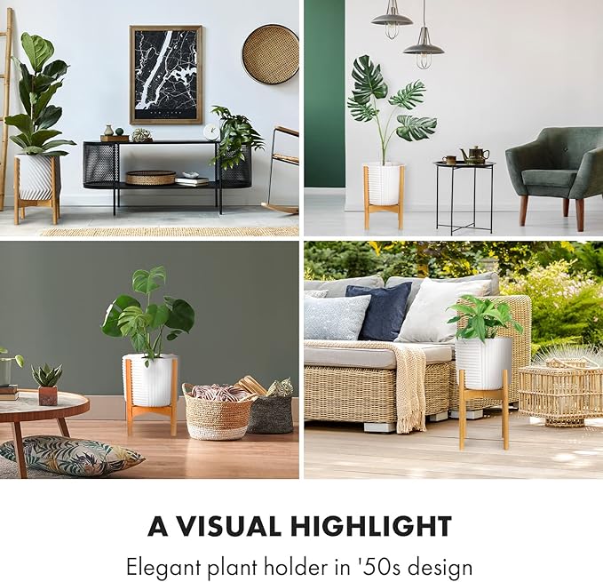 Fox & Fern Large Adjustable Plant Stand Indoor — 11 to 15 Inch Mid Century Bamboo Plant Stand; Plug In Design; Easy to Assemble; Two Height Options - For 11, 12, 13, 14 & 15 Inch Pots (Not Included)