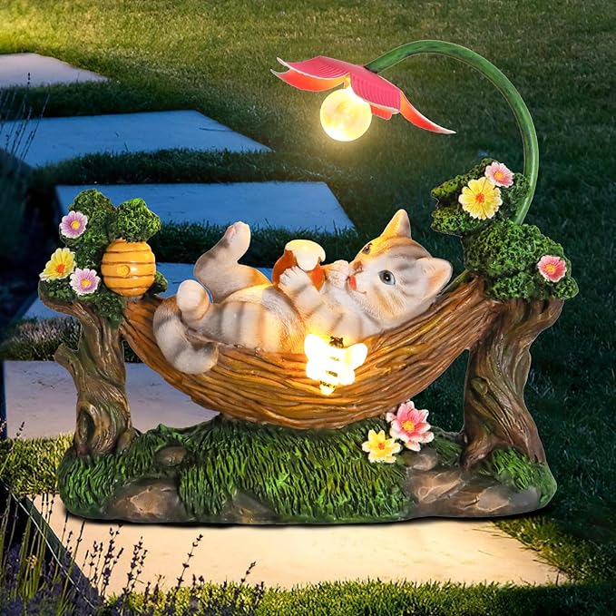 Afirst Solar Cat Statue Garden Figurine, Resin Figurine with Solar Lights Outdoor Decorations for Lawn, Patio, Balcony, Yard Ornament