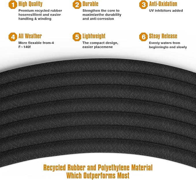 Soaker Hose 25ft for Garden Beds, Solid Brass Interface Irrigation Save 70% Water Heavy Duty Rubber 1/2" Diameter Great for Gardens/Flower Beds