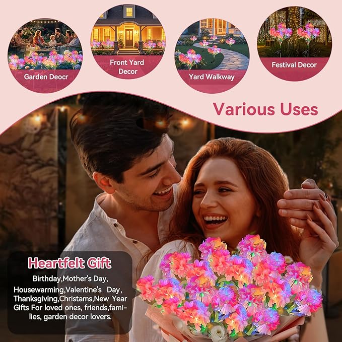 Neporal Solar Flowers Outdoor Waterproof IP65, 5-Head Pink Hydrangea with 4-Color Light & 2 Lightning Modes, Solar Garden Lights for Garden, Yard, Pathway, Gardening Gifts for Women - 6 Pack