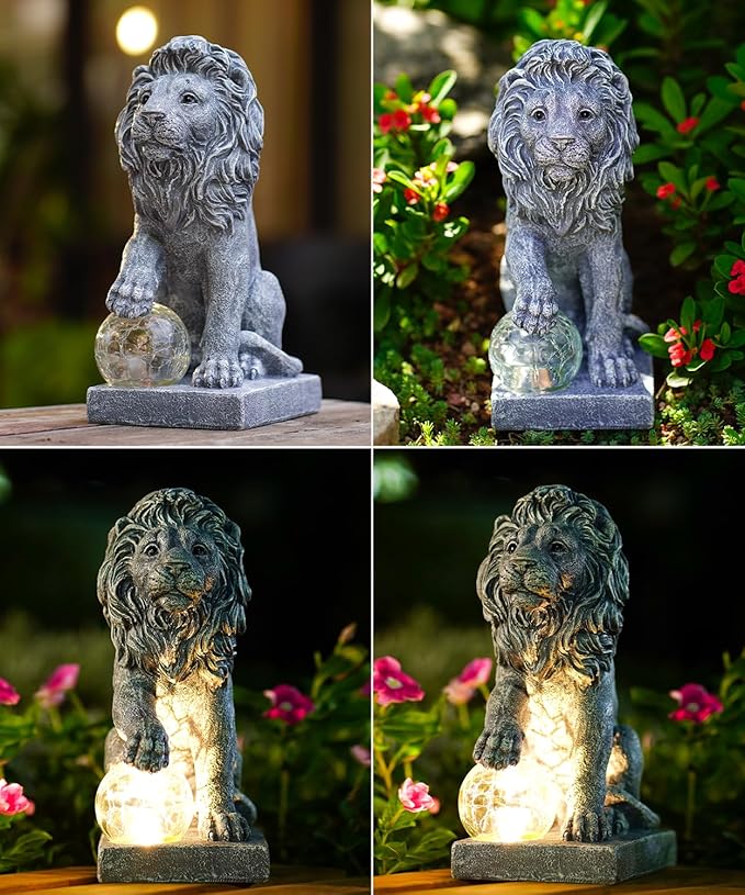 Nacome Solar Guardian Lion Garden Statue: Outdoor Decor Sculpture with Ball Lights for Yard Art Porch Patio - Unique Birthday Gifts for Women Mom