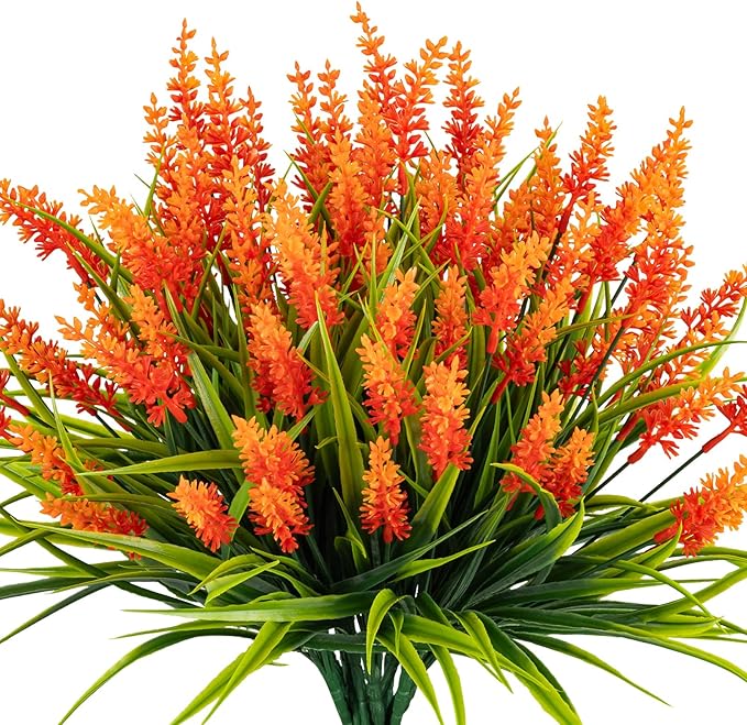 Artificial Fall Flowers for Outdoor Plants 12 Bundles Fake Lavender Plastic Faux Monkey Grass for Verandah Window Garden Office Patio Front Porch UV Resistant for Planter(Orange)