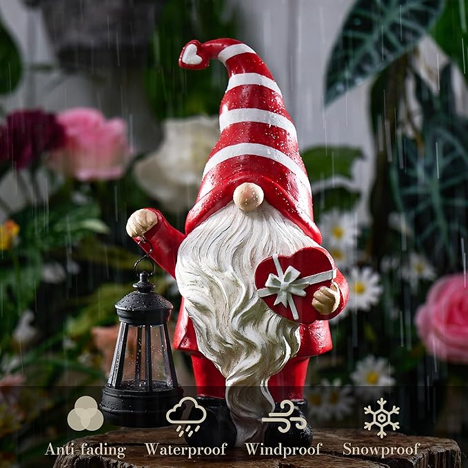 TERESA'S COLLECTIONS Garden Gnome Decorations for Outside, Resin Gnomes Holding Heart-Shaped Gift Box and Solar Lantern, Outdoor Decor for Mom, Wife and Women, 12"