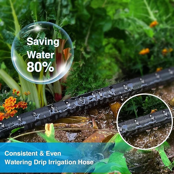 Flat Garden Soaker hose 25ft,Drip irrigation hose for garden beds,water hose with holes for flower beds,Saves 80% water.