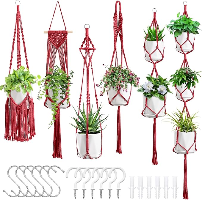 Macrame Plant Hangers, 6Pack Hanging Planters for Indoor Plants w/ 6 Set Hangers Kit Handmade Macromay Plant Hangers Indoor Flower Pots Holder Stand for Boho Home Décor (POTS NOT Included)