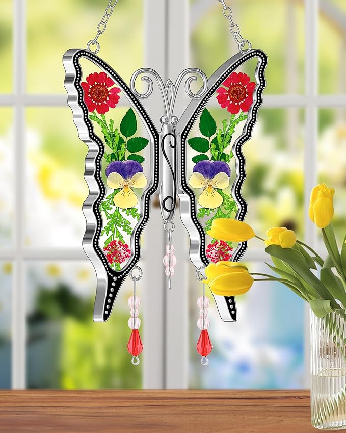 KY&BOSAM Butterfly Suncatcher DIY Gifts for Mom Ornament for Window Pressed Flower Between Wings Glass Metal Engraved No Charm Gifts for Mom Mother's Day Valentine's Birthday Thanksgiving Christmas