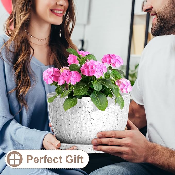 12 Inch Wide Water Ripples Flower Pots for Indoor or Outdoor Plants, Large Plant Pots with Drainage Holes & Saucer, Plastic Planters Set for Garden & Home Decor (White with Black Speckles)