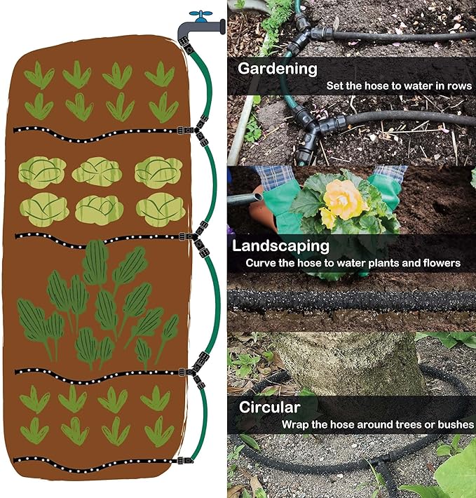 Durable Soaker Hose for Garden: 1/2" Diametere with Drip Irrigation Fittings Kit - Save 70% Water For Lawn/Flower beds/Vegetable (100FT)