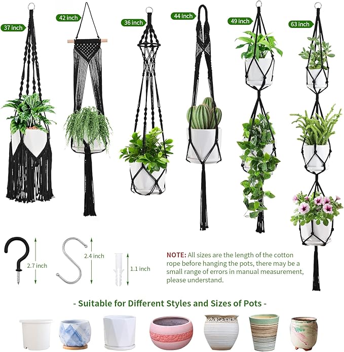 Macrame Plant Hangers, 6Pack Hanging Planters for Indoor Plants w/ 6 Set Hangers Kit Handmade Macromay Plant Hangers Indoor Flower Pots Holder Stand for Boho Home Décor (POTS NOT Included)