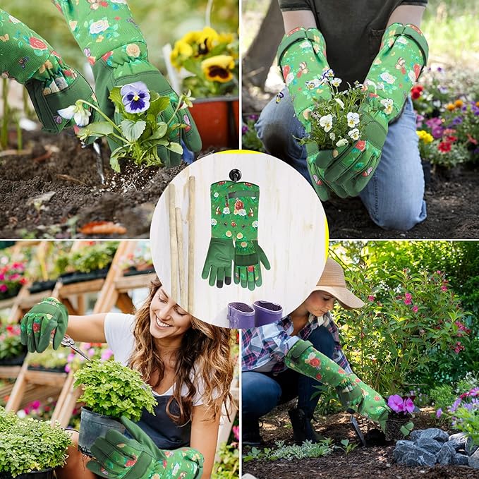DLY Gardening Gloves for Women, Rose Gloves Gardening Thorn Proof, Long Garden Gloves for Women, Durable and Comfortable Leather Gauntlet (X-Large, Green