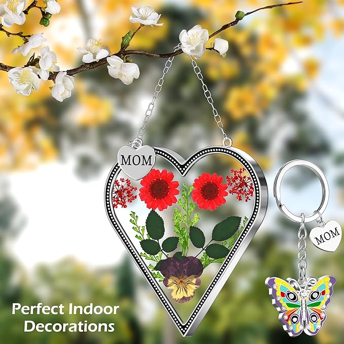 KY&BOSAM Heart Suncatcher Mom Gifts Glass Butterfly Suncatchers for Window Hanging with Pressed Flower Between Heart in Glass and Metal Charm Gifts for Mom Mother's Day Valentine's Birthday Christmas