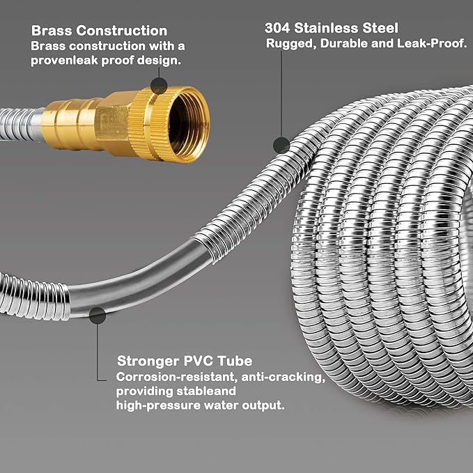 Stainless Steel Garden Hose: Durable Quality Metal with High-pressure Water Output for Gardeners(75FT)