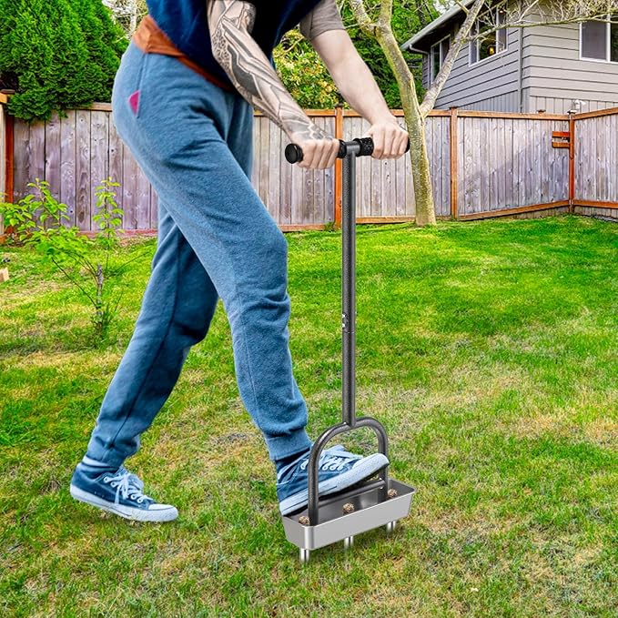 Dolibest Lawn Coring Aerator, Manual Lawn Aerator, 3 Stainless Steel Corer Plug Aerator with Soil Core Storage Tray, Pre-Assembled Manual Grass Aerating Tool & Clean Hand Tool, Improving Lawn Health