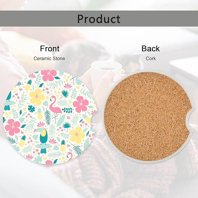 Tropical Flamingo Hibiscus Pineapple Car Coasters,Ceramic Absorbent Cup Holders with Finger Notch & Cork Base Car Assecories for Women/Men 2.6"(2 Pieces)