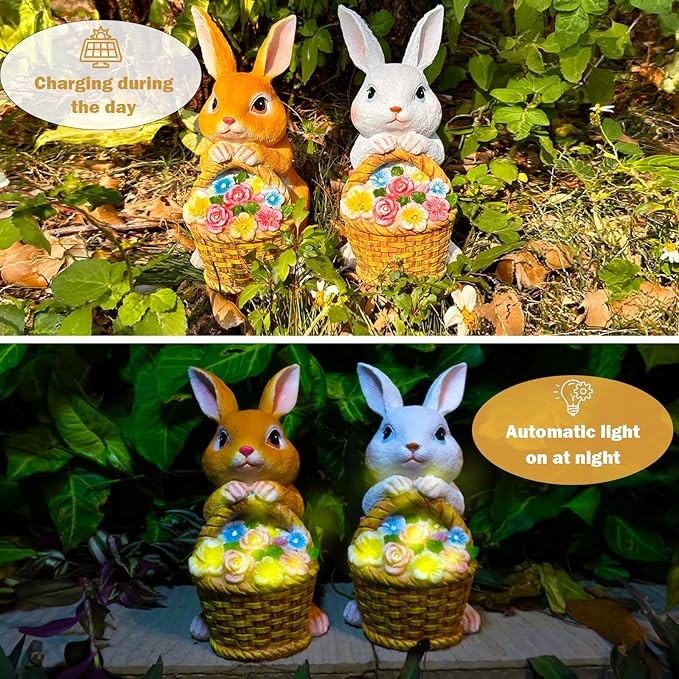 Solar Garden Statues Rabbit & Flowers Decor Outdoor Indoor with 5 LED Light, Unique for Women,Mom,Grandma,Girls, Bunny Lawn Decorations Statue for Patio,Yard Ornament,Gardening