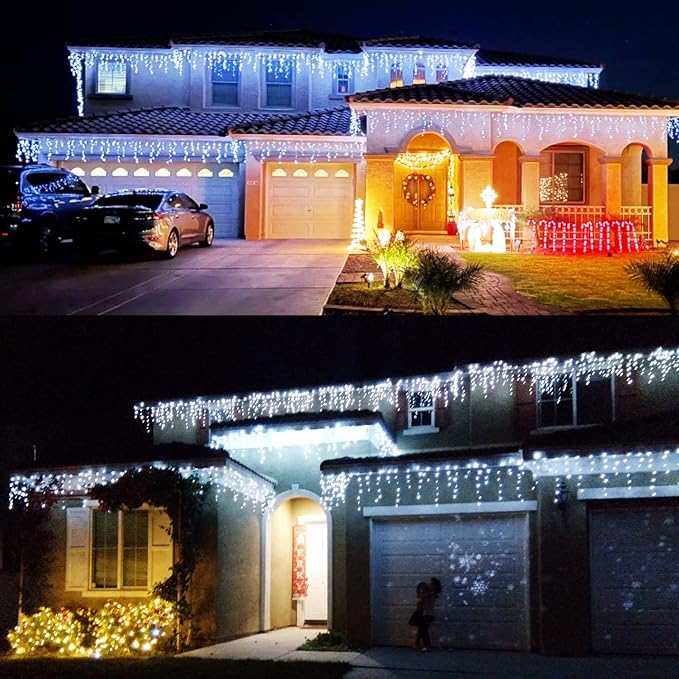 Upgraded Solar Christmas Icicle Lights,304 LED Outdoor Christmas Decorations 8 Modes Waterproof Solar Icicle Lights for Patio Yard Garden Wedding Party House Xmas Tree Roof Decorations(Cool White)