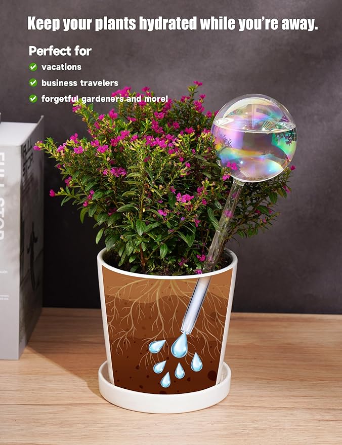 Tomorotec Iridescent Glass Self Watering Globes 6-Pack (3 Large+3 Small), Decorative Hand-Blown Rainbow Glass Watering Bulbs, Automatic Irrigation for Indoor & Outdoor Plants, Easy to Use and Maintain