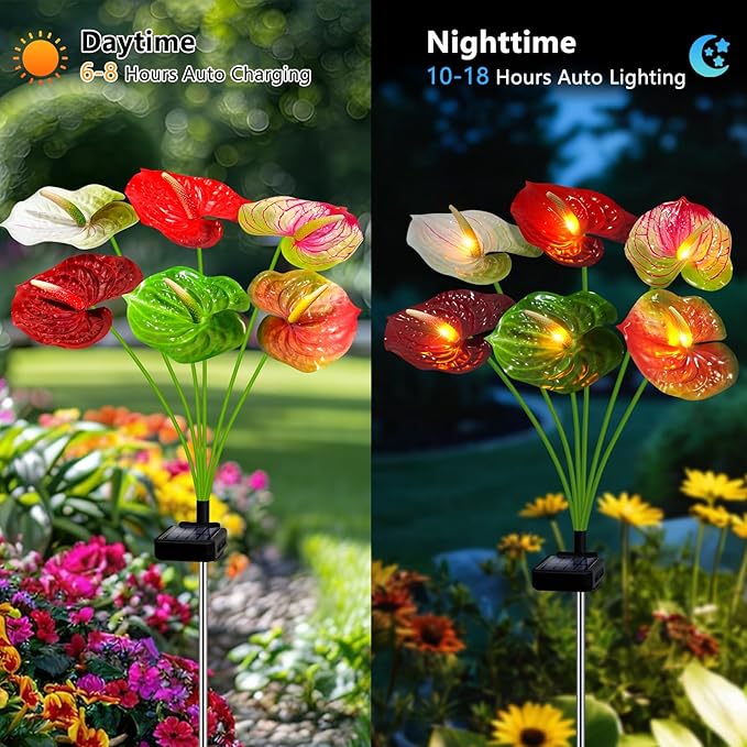 Solar Lights Outdoor,4 Packs Solar Garden Flower Lights with Anthurium Plant Lights,Garden Birthday Gifts for Women,Waterproof Solar Stakes Lights for Outside Yard Patio Lawn Decoration