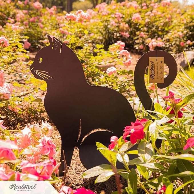 RealSteel I 3 Pack Steel Cat Garden Decor I Outdoor Yard Decorations I Gift for Cat Lovers I Lawn Ornaments and Statues I Garden Signs Decorative Outdoor - Gold